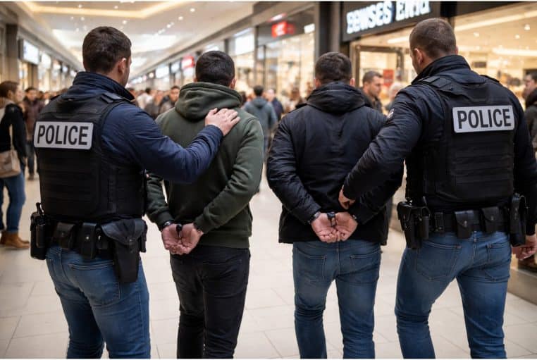 Policiers en civil escortant deux suspects menottés dans une galerie commerciale, arrière-plan flouté.