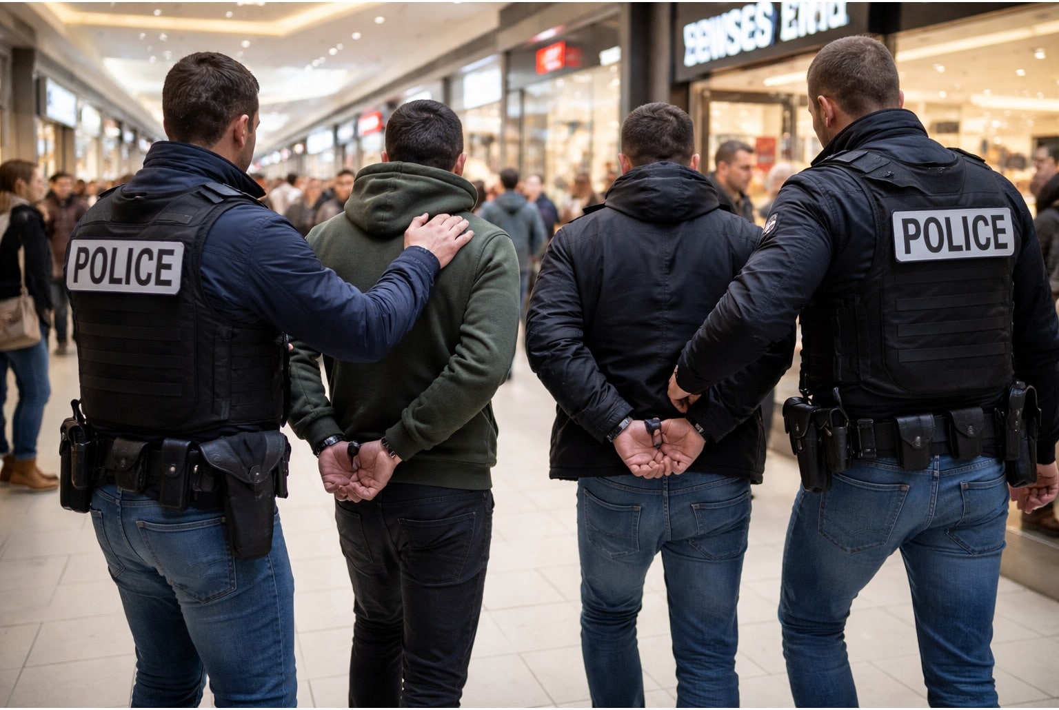 Policiers en civil escortant deux suspects menottés dans une galerie commerciale, arrière-plan flouté.