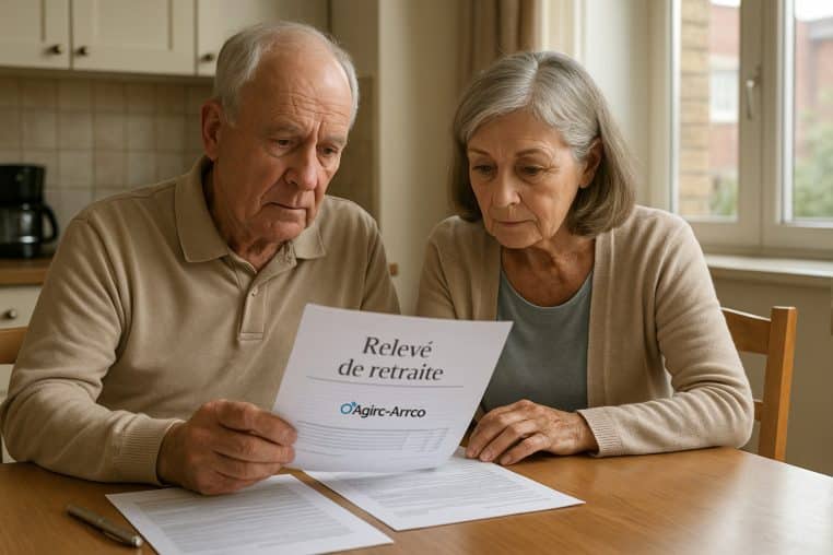 Couple de retraités assis à la table de leur cuisine, examinant un relevé de retraite Agirc-Arrco avec air concentré.