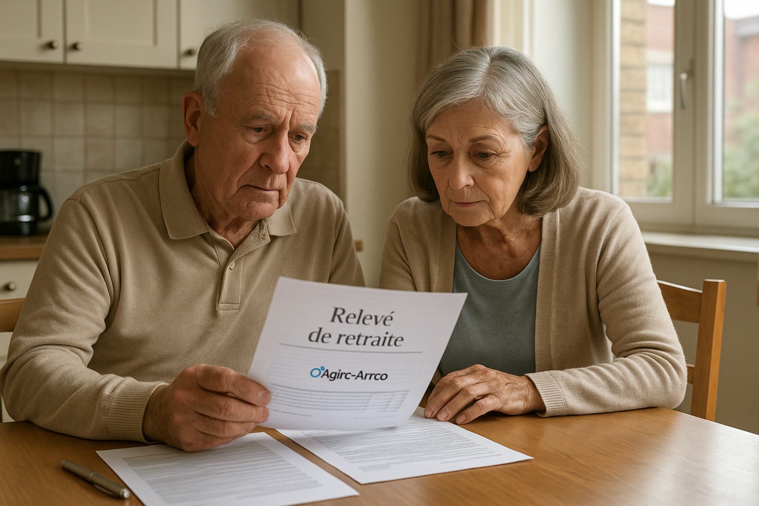 Couple de retraités assis à la table de leur cuisine, examinant un relevé de retraite Agirc-Arrco avec air concentré.
