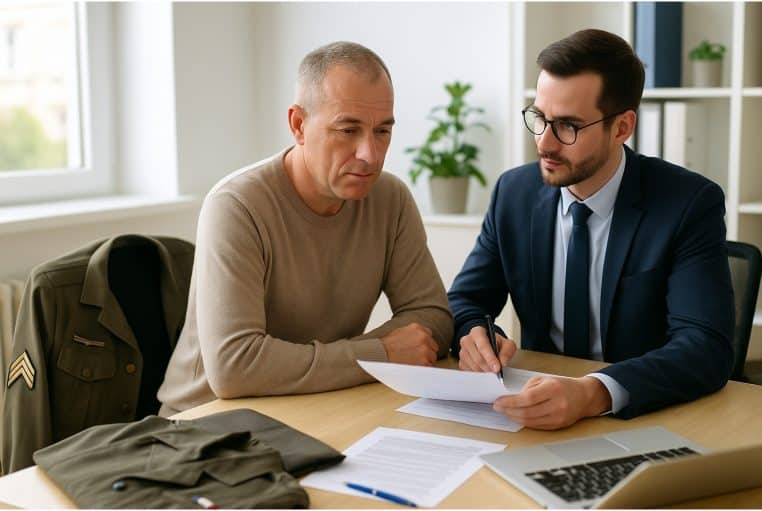 Ancien militaire d’une cinquantaine d’années examine sa pension avec un conseiller, uniforme posé à côté, illustrant la retraite à 48 ans.