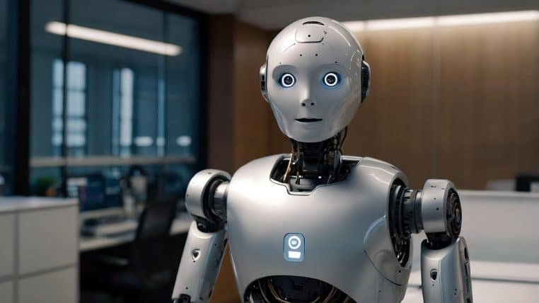 Robot humanoïde assis dans un bureau moderne face à un écran, posture attentive comme un employé de bureau concentré sur sa tâche.