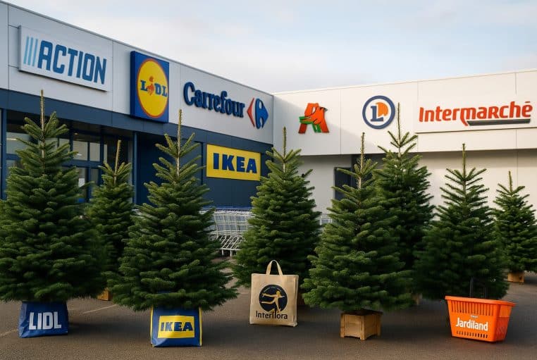 Alignement de sapins de Noël devant les enseignes Action, Lidl, Carrefour, Ikea, Intermarché et Jardiland, pour illustrer la comparaison de leurs offres.