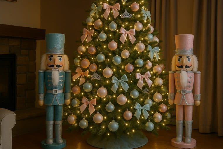 Sapin de Noël pastel style Casse-Noisette, boules et nœuds, encadré par deux grands soldats décoratifs.