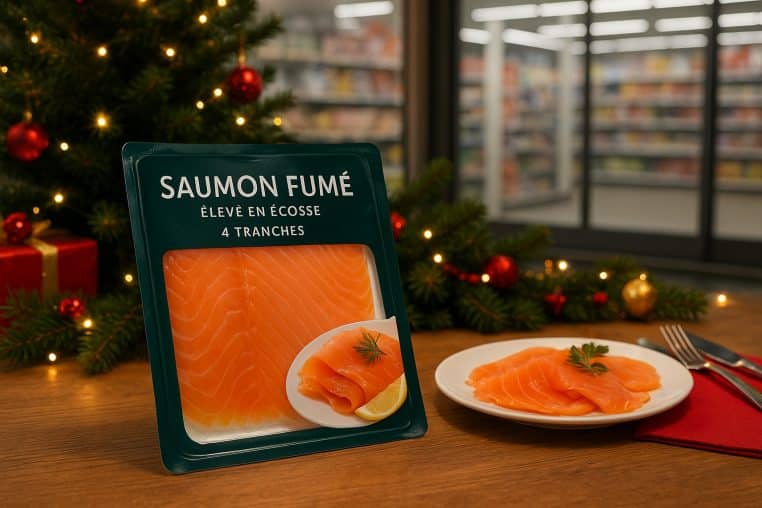 Barquette de saumon fumé élevé en Écosse posée sur une table de fête, devant un sapin décoré et un rayon de supermarché flou.