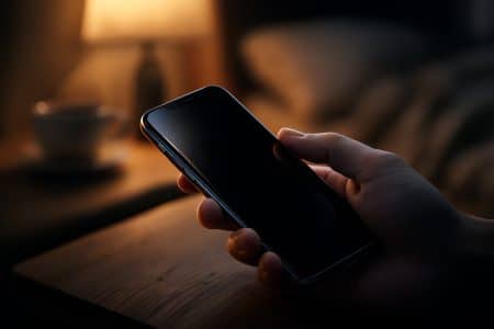 Main tenant un smartphone à côté d’une lampe de chevet, l’écran noir indiquant l’extinction complète de l’appareil pour renforcer la sécurité