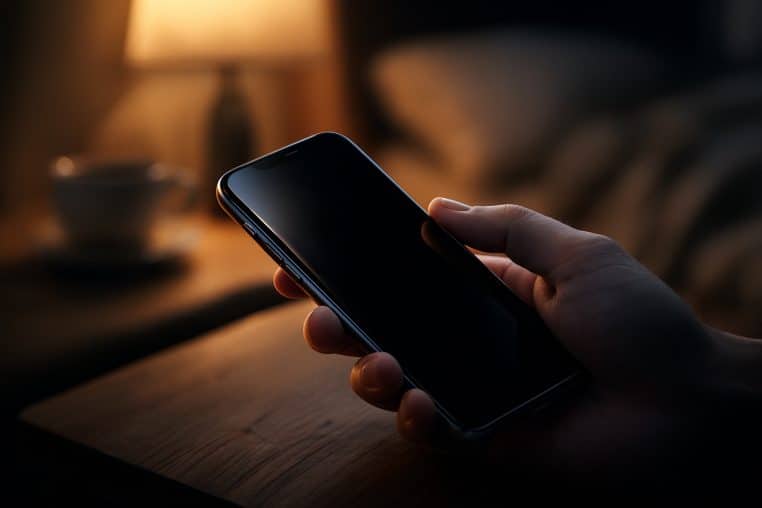 Main tenant un smartphone à côté d’une lampe de chevet, l’écran noir indiquant l’extinction complète de l’appareil pour renforcer la sécurité