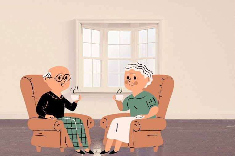 Illustration d’un couple de seniors assis devant leur maison, détendu, symbolisant une retraite stable et un logement sécurisé.