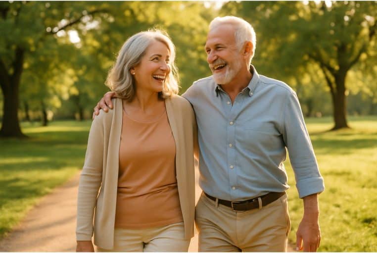Un couple de seniors souriants marche dans un parc ensoleillé, incarnant une vieillesse active, complice et paisible.