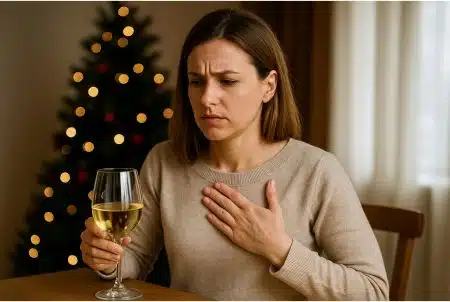 Jeune femme assise tenant un verre de vin blanc, main sur la poitrine, inquiète devant un sapin de Noël en arrière-plan.