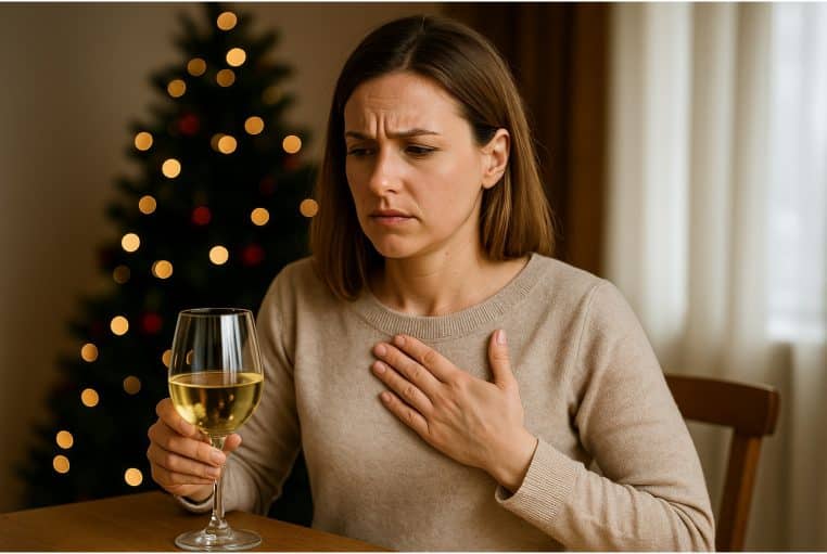 Jeune femme assise tenant un verre de vin blanc, main sur la poitrine, inquiète devant un sapin de Noël en arrière-plan.