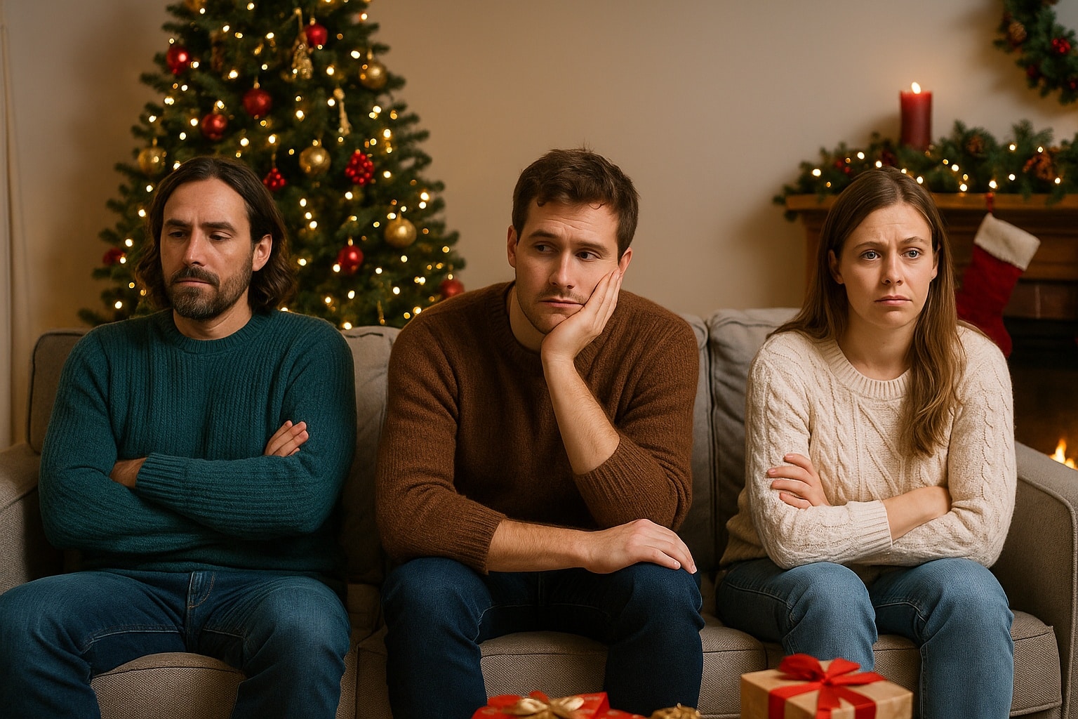 Trois adultes assis devant un sapin de Noël illuminé, visages fermés et préoccupés malgré la décoration chaleureuse du salon.