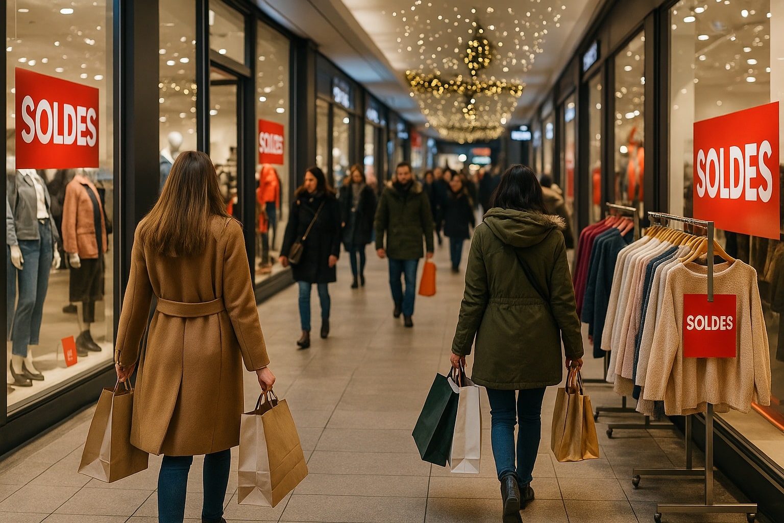 Allée d’un centre commercial en hiver avec grands panneaux rouges « Soldes » et clients en manteau portant des sacs.