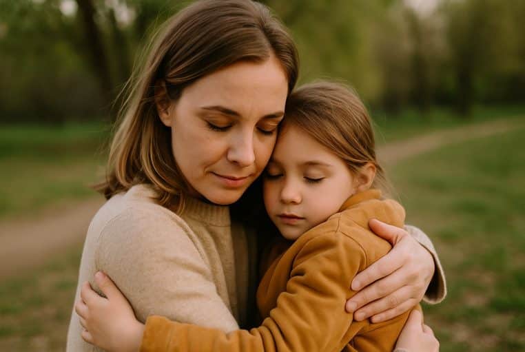 Une mère enlace sa fille dans un parc, scène de tendresse et de soutien, lumière douce de fin de journée.