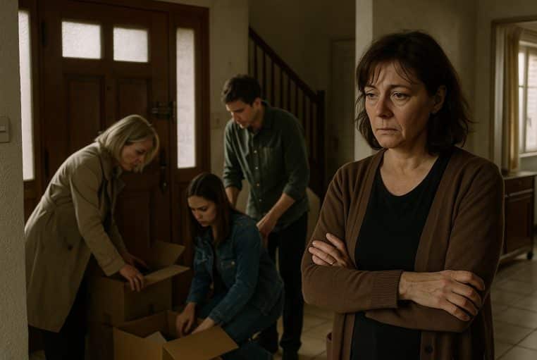 Veuve endeuillée dans l’entrée, tandis que l’ex-femme et les enfants trient des cartons dans la maison.