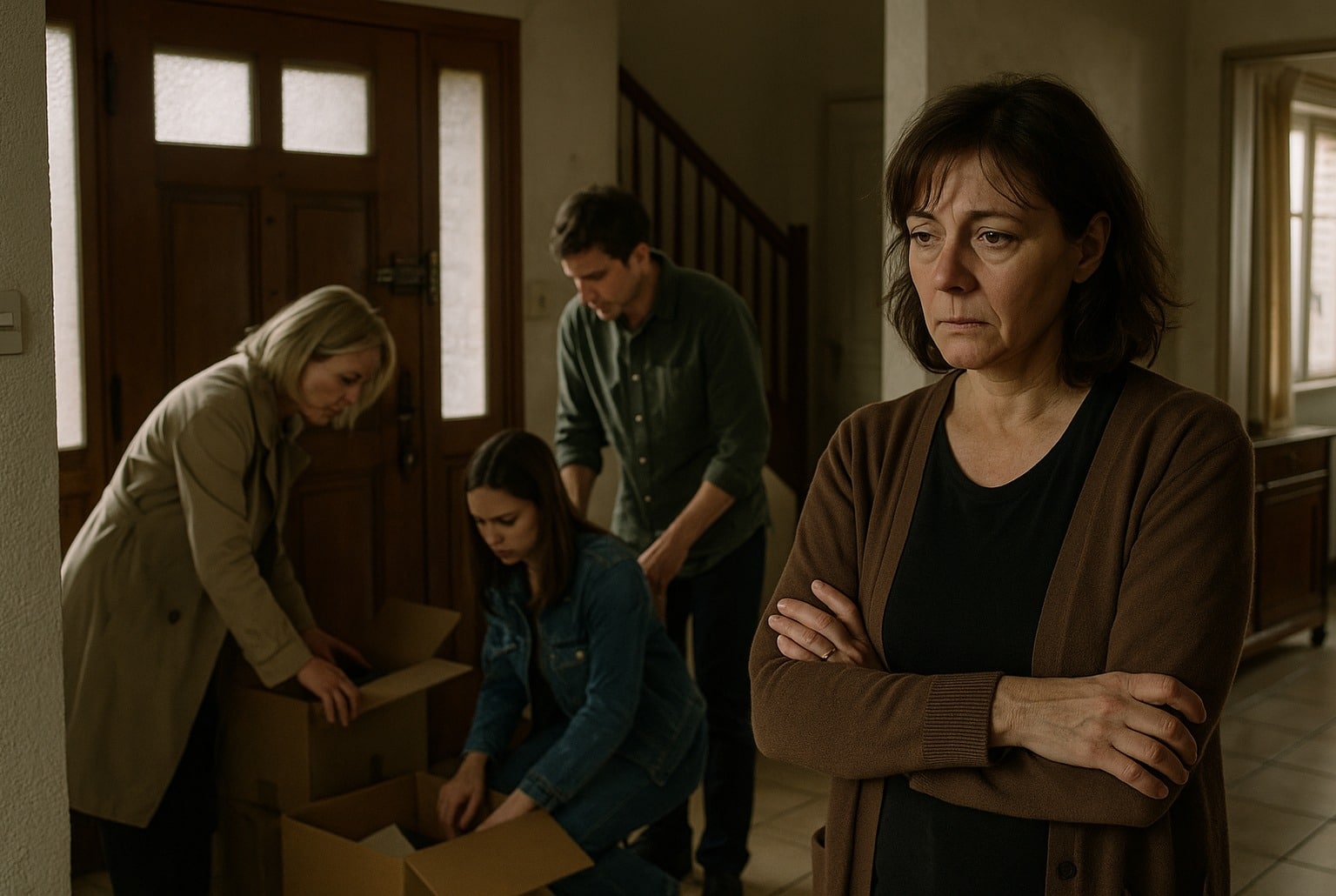 Veuve endeuillée dans l’entrée, tandis que l’ex-femme et les enfants trient des cartons dans la maison.