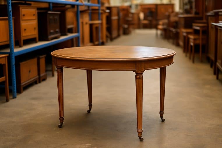 Table ovale en chêne style Louis XVI sur roulettes, photographiée dans une boutique de seconde main.