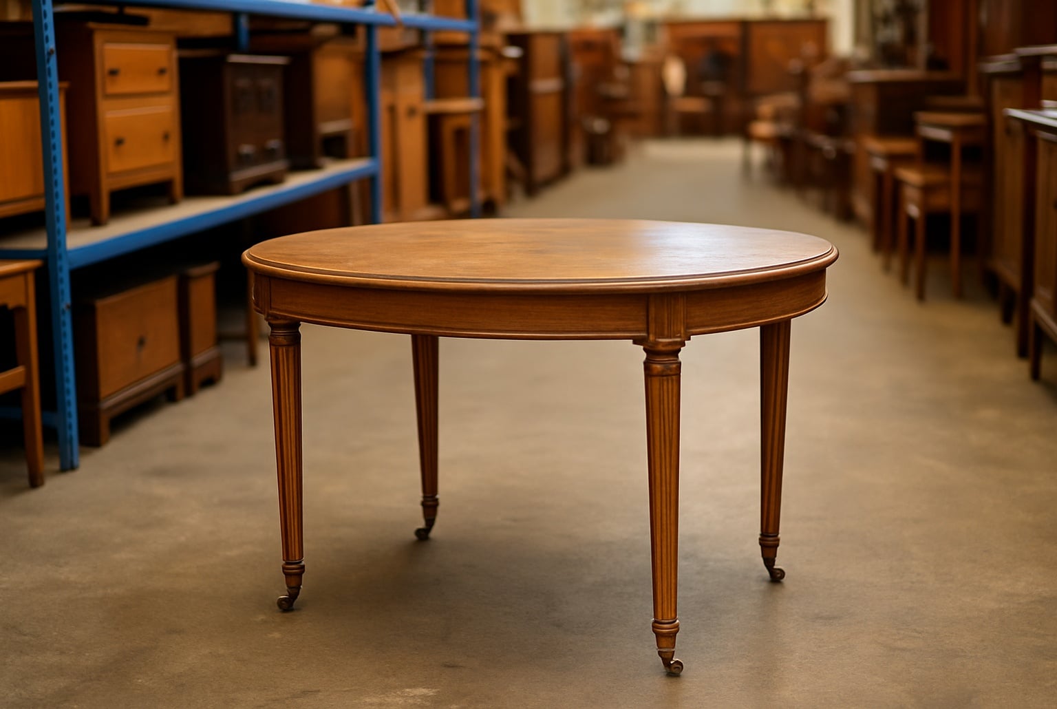 Table ovale en chêne style Louis XVI sur roulettes, photographiée dans une boutique de seconde main.