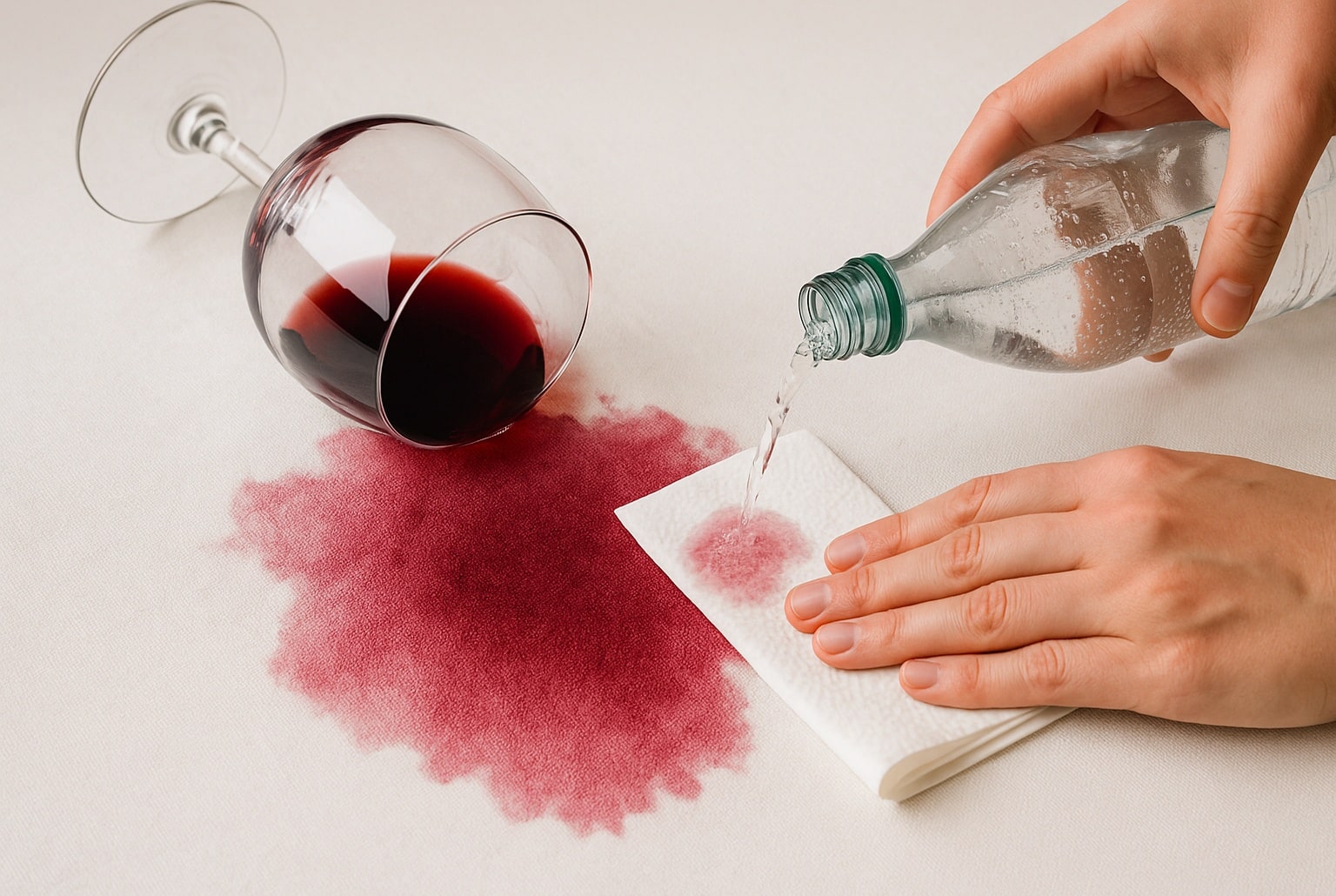 Gros plan d’une tache de vin rouge sur nappe blanche, tamponnée avec essuie-tout pendant qu’on verse de l’eau gazeuse.