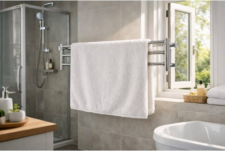 Tapis de bain suspendu dans une salle de bain lumineuse, séchant à l’air près d’une fenêtre ouverte.