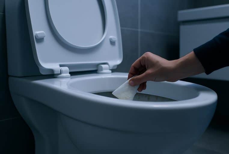Main posant une compresse de papier toilette imbibée de vinaigre sous le rebord d’une cuvette de WC dans une salle de bain.