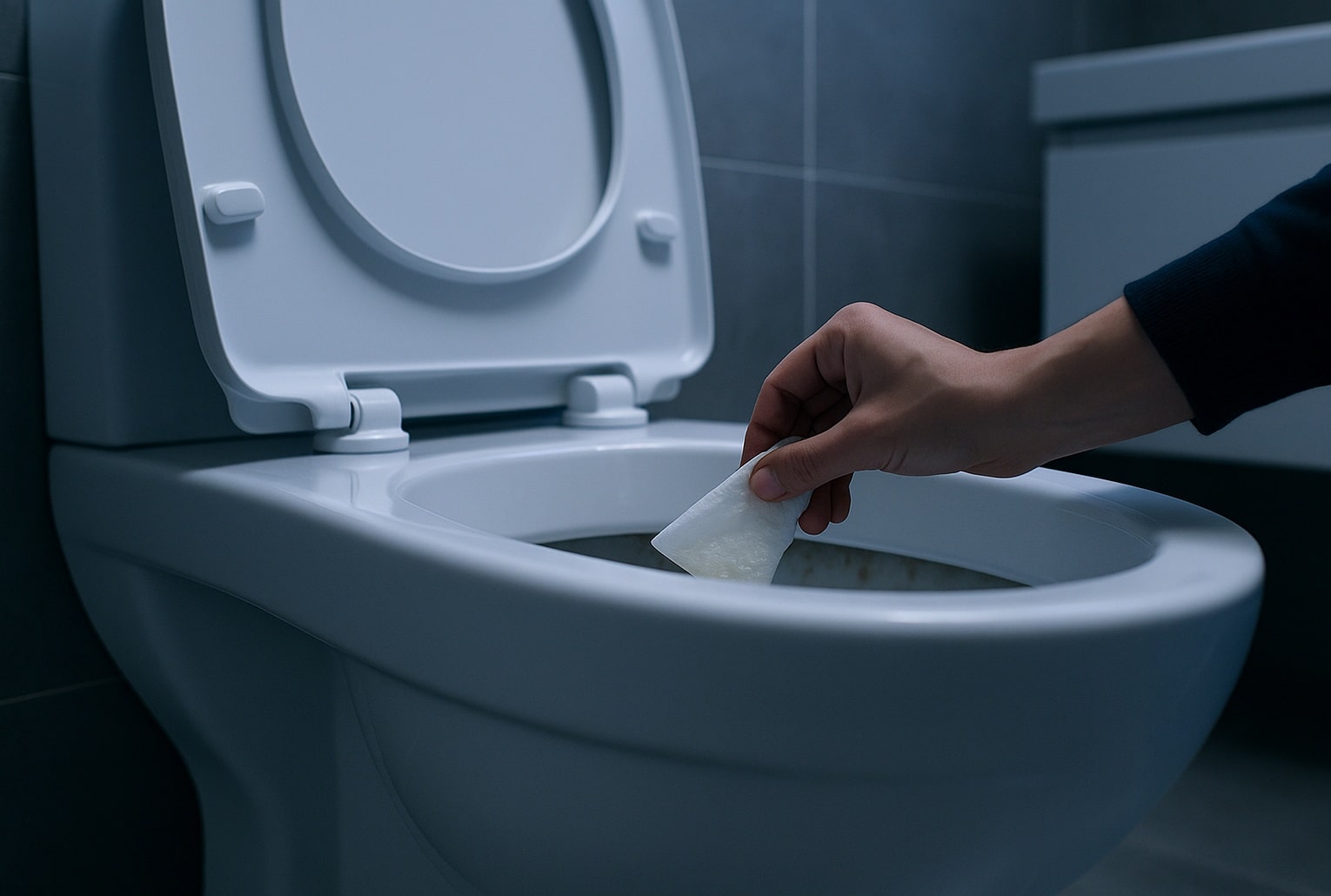 Main posant une compresse de papier toilette imbibée de vinaigre sous le rebord d’une cuvette de WC dans une salle de bain.