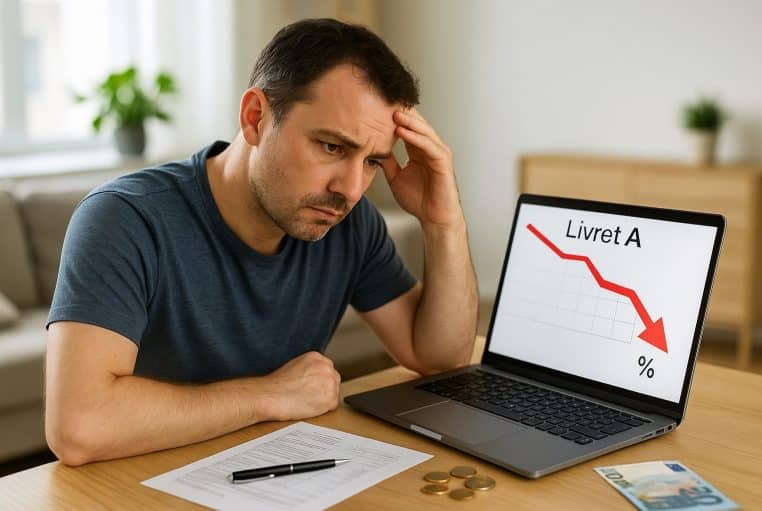 Homme d’âge moyen inquiet devant un ordinateur affichant une courbe du taux du Livret A en forte baisse.