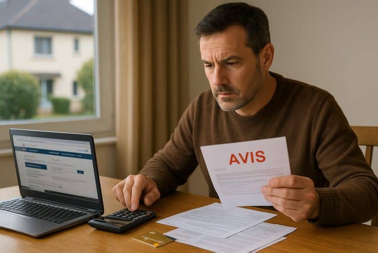 Propriétaire consultant un avis de taxe foncière sur ordinateur, calculatrice et documents étalés sur une table