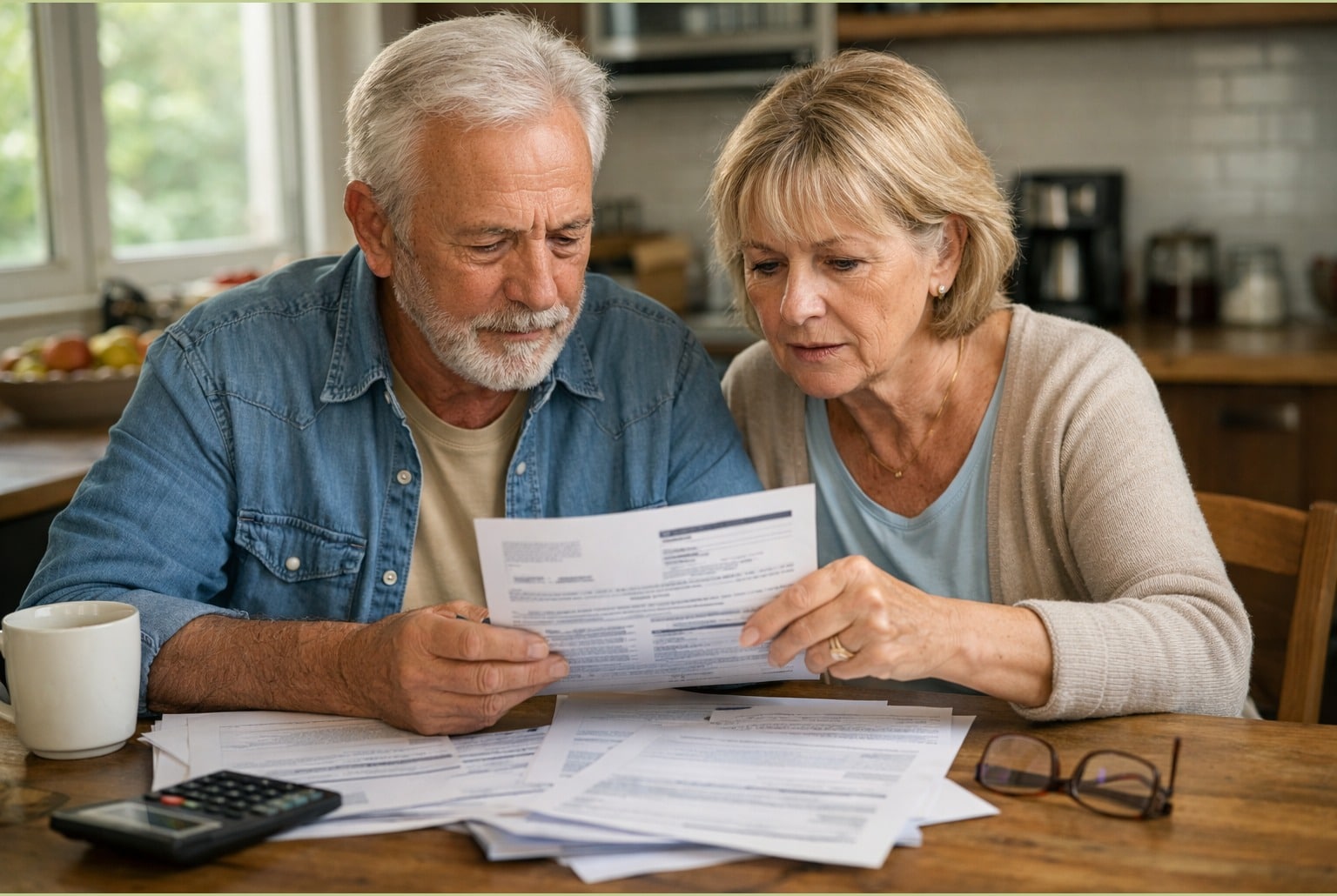 Couple de retraités à domicile examinant un avis de taxe foncière sur une table, en lumière du jour.