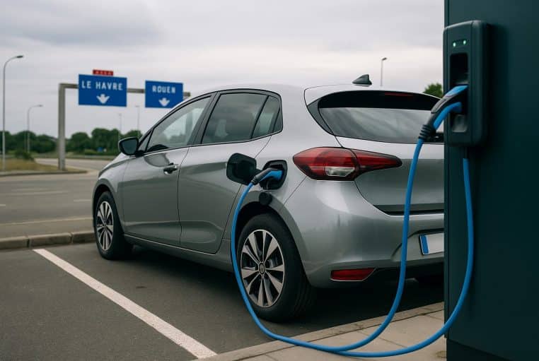 Voiture électrique grise en charge sur une aire d’autoroute, câble bleu branché à une borne près de panneaux routiers.