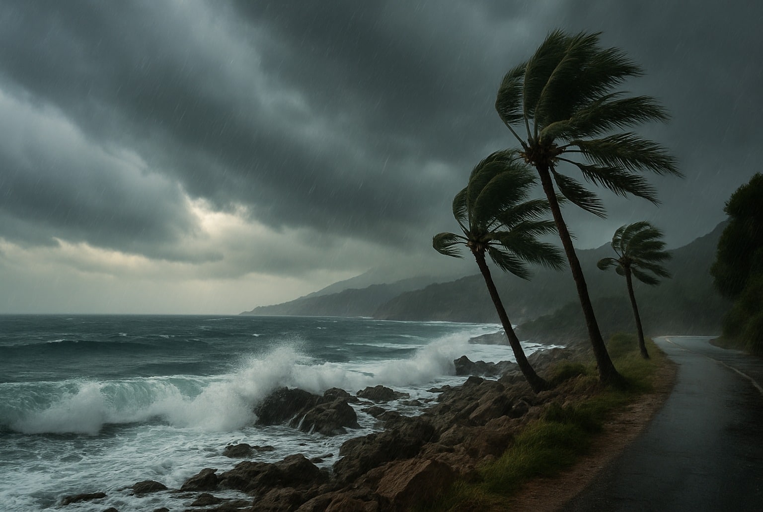 Côte corse sous la tempête, palmiers pliés par le vent, pluie battante et vagues sur les rochers