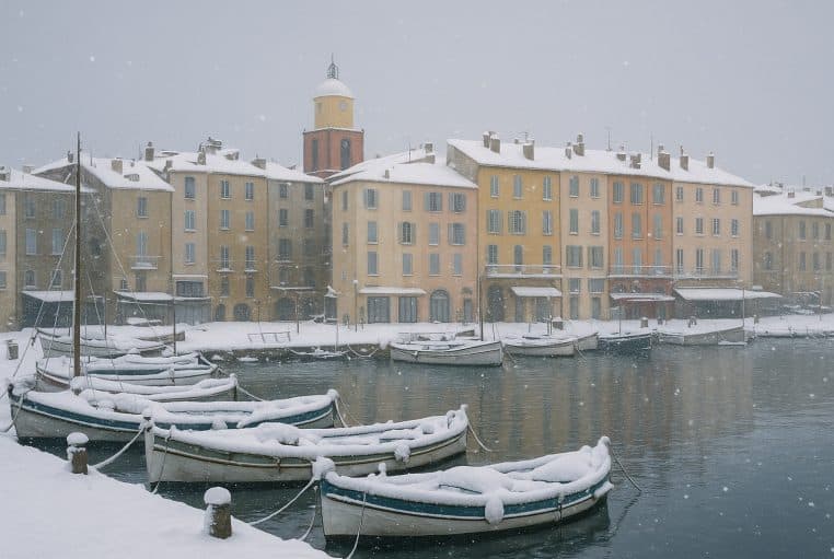 Port de Saint-Tropez enneigé, barques couvertes de neige au quai et façades pastel dominées par un clocher sous ciel d’hiver.