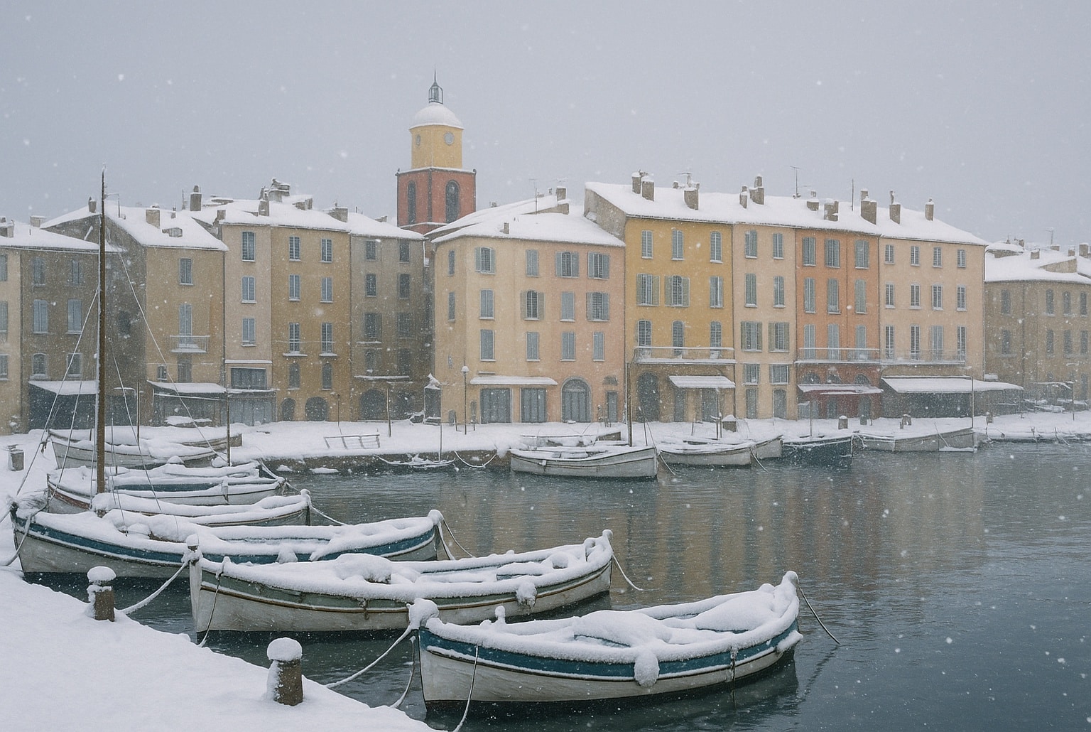 Port de Saint-Tropez enneigé, barques couvertes de neige au quai et façades pastel dominées par un clocher sous ciel d’hiver.