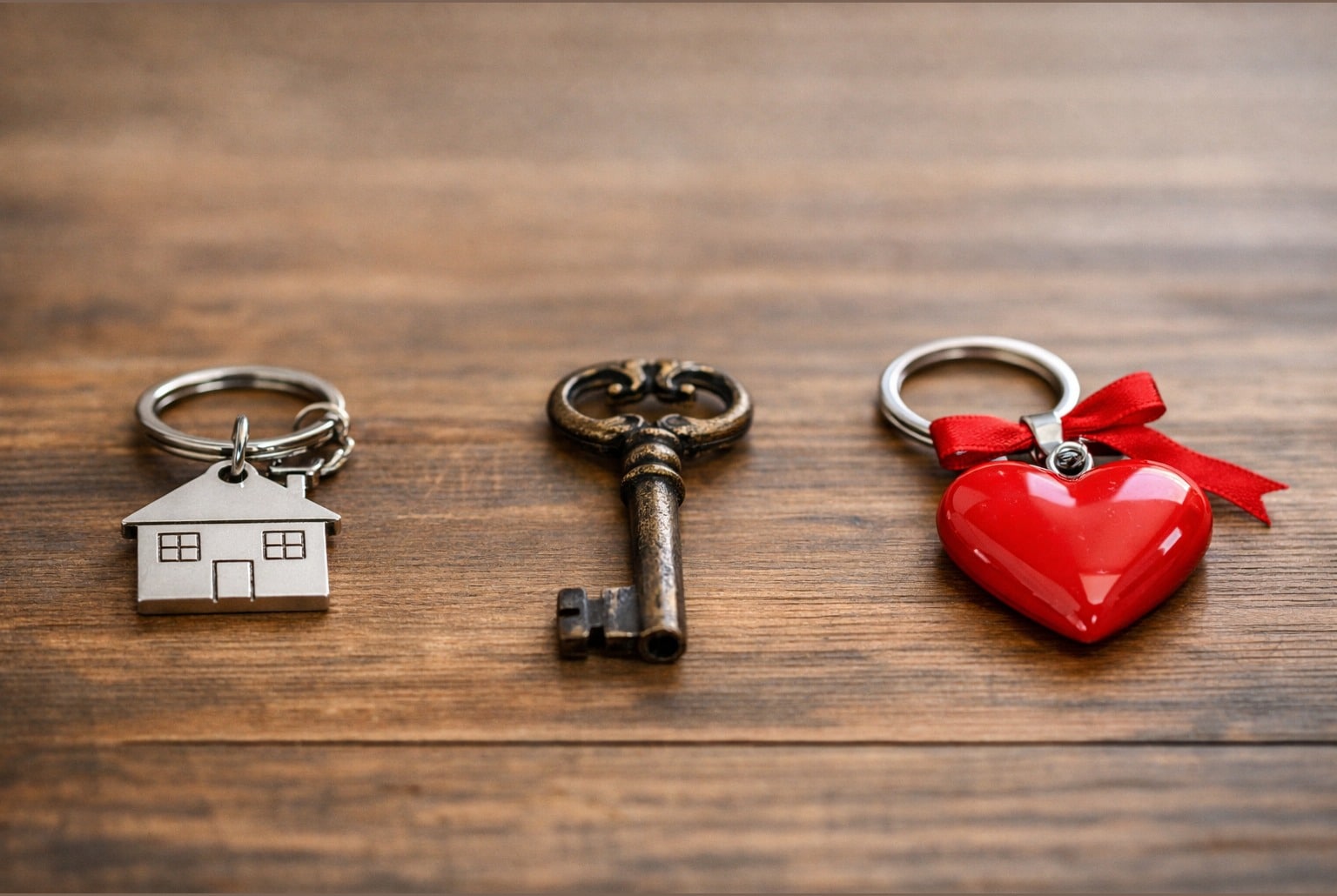 Trois clés différentes posées sur une table en bois, photo horizontale, ambiance douce et réaliste