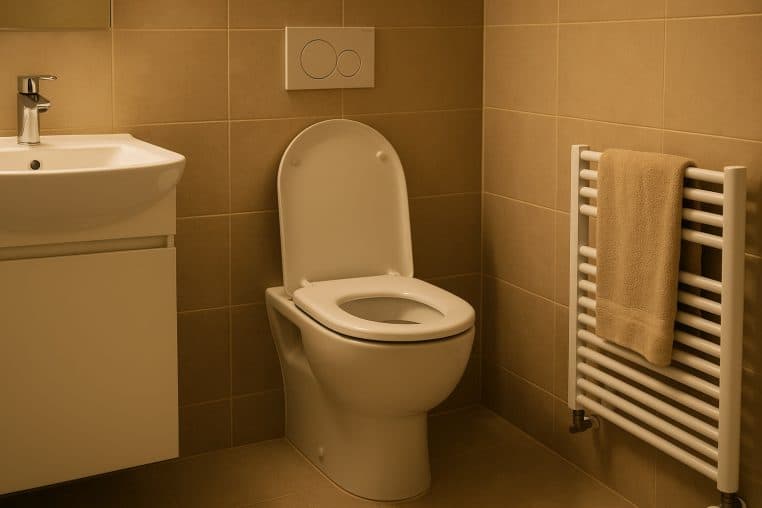 Toilettes blanches modernes avec abattant relevé, mur carrelé beige, lavabo et sèche-serviettes, lumière chaude d’intérieur.