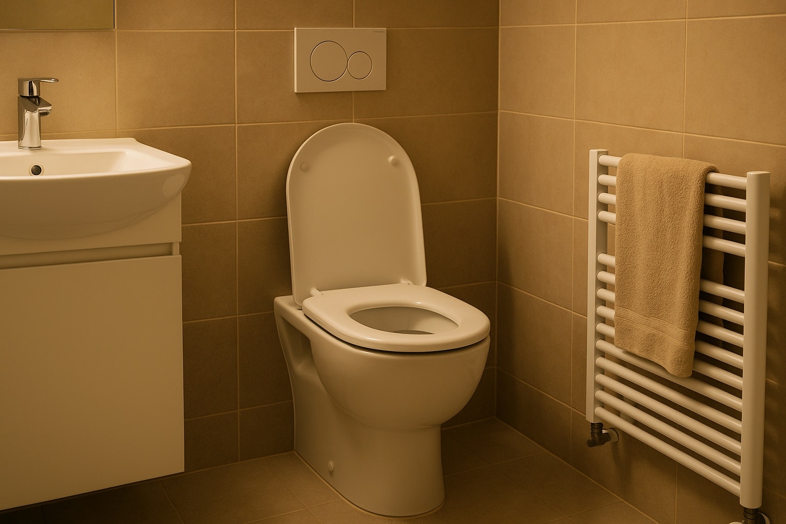 Toilettes blanches modernes avec abattant relevé, mur carrelé beige, lavabo et sèche-serviettes, lumière chaude d’intérieur.