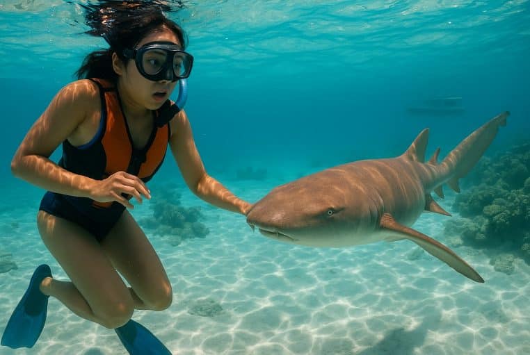 Touriste asiatique en gilet de sauvetage nageant en snorkeling aux Maldives, surprise par un grand requin nourrice qui frôle son bras dans l’eau turquoise.