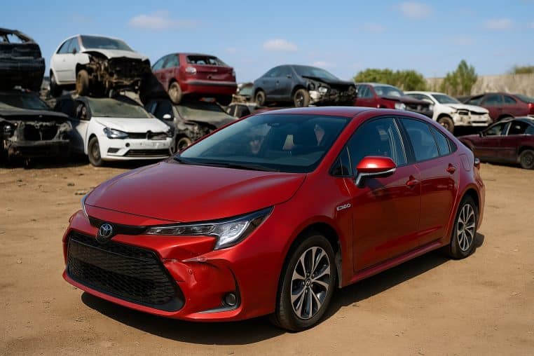 Toyota Corolla hybride récente légèrement accidentée garée dans une casse automobile espagnole, entourée d’autres voitures.