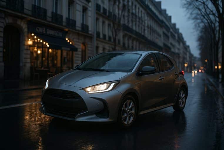 Citadine hybride grise roulant sur une avenue parisienne mouillée au crépuscule, phares LED allumés.
