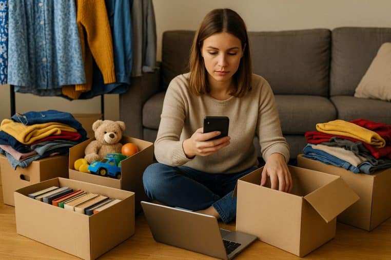 Jeune femme triant vêtements, livres et jouets dans son salon, entourée de cartons ouverts, pour préparer la revente de ses objets inutilisés.