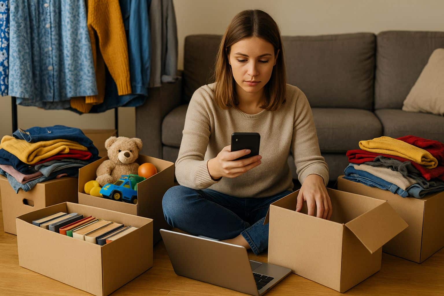 Jeune femme triant vêtements, livres et jouets dans son salon, entourée de cartons ouverts, pour préparer la revente de ses objets inutilisés.