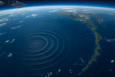 Vue satellite réaliste du nord du Pacifique montrant les ondes concentriques d’un tsunami au large des Kouriles-Kamtchatka.