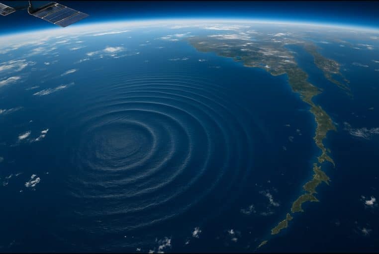 Vue satellite réaliste du nord du Pacifique montrant les ondes concentriques d’un tsunami au large des Kouriles-Kamtchatka.