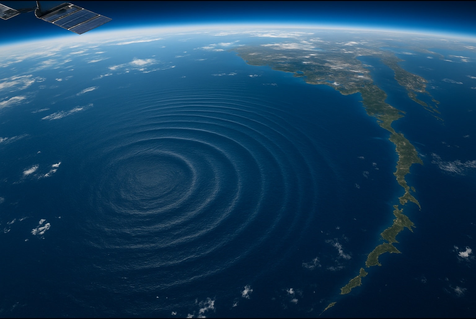 Vue satellite réaliste du nord du Pacifique montrant les ondes concentriques d’un tsunami au large des Kouriles-Kamtchatka.