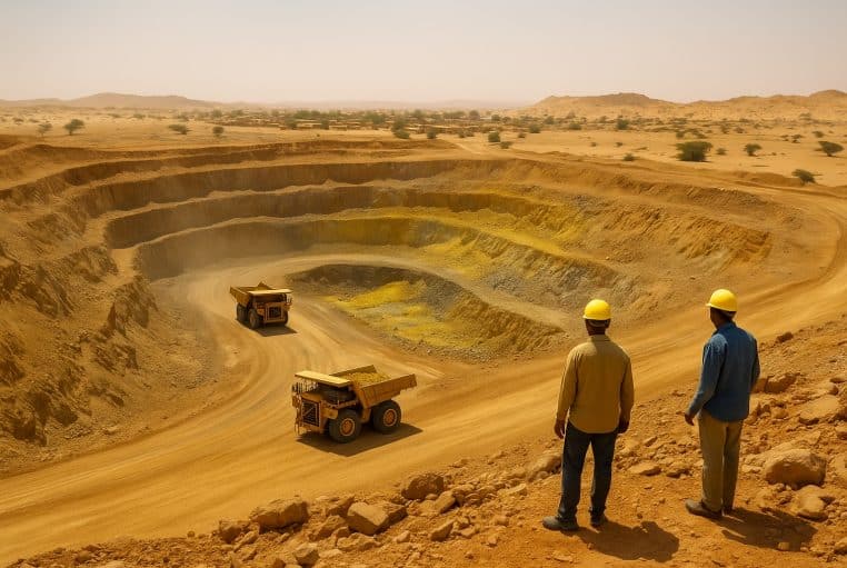 Vue panoramique d’une mine d’uranium à ciel ouvert au Niger, avec deux camions et des ouvriers casqués observant la fosse.