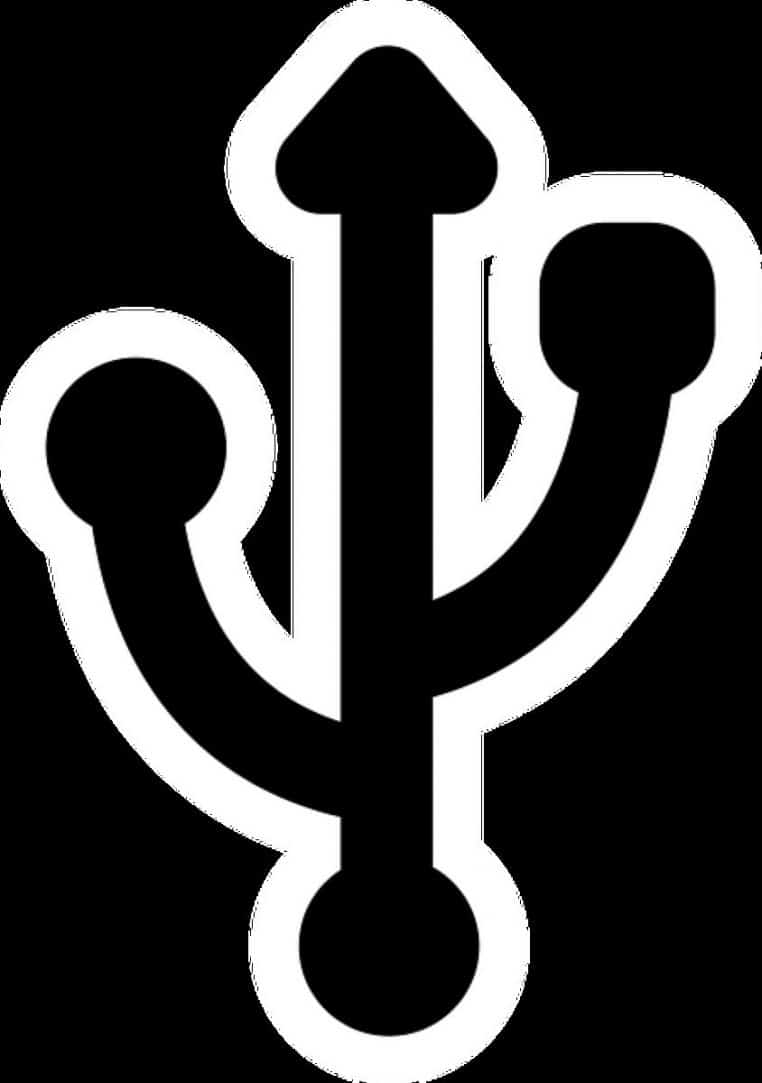 Illustration verticale du symbole USB noir stylisé sur fond transparent, représentant le logo que l’on retrouve près de nombreux ports de connexion.