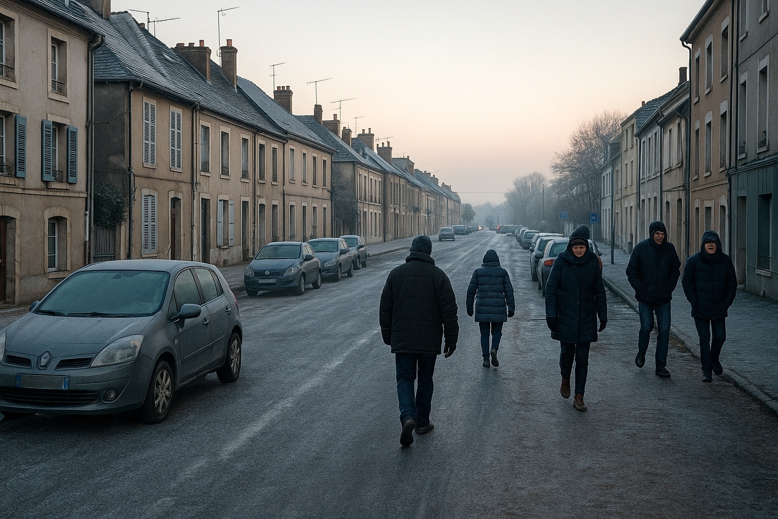 Rue d’une petite ville française un matin d’hiver, chaussée gelée, voitures givrées et passants emmitouflés sous un ciel pâle de décembre.