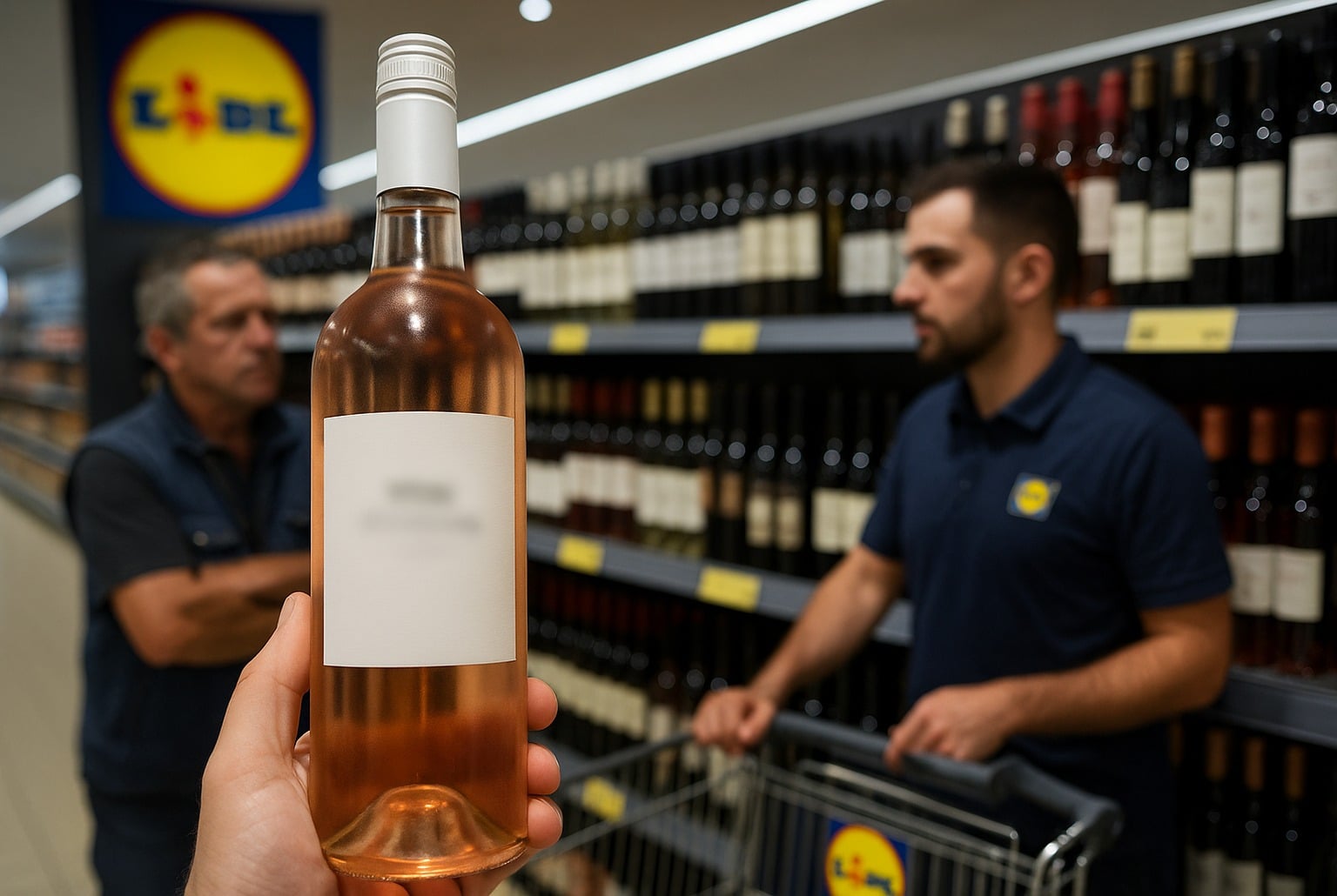 Bouteille de vin rosé au premier plan dans un Lidl, logo discret en fond et étiquette de prix floutée en rayon.