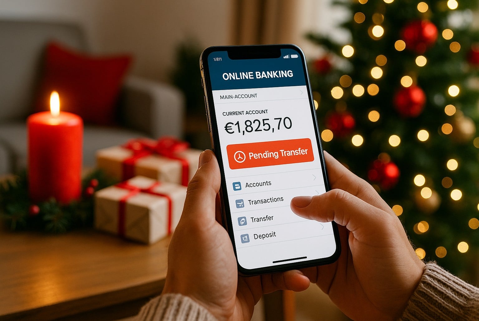 Personne vérifiant un virement en attente sur son application de banque en ligne, assise près d’un sapin de Noël illuminé.
