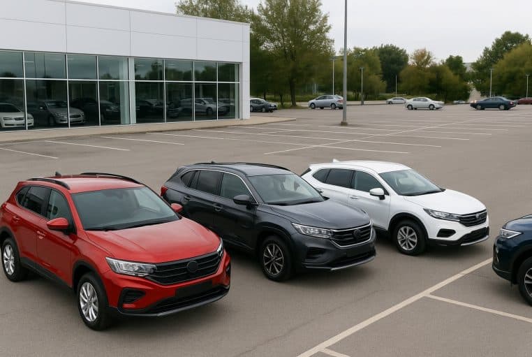 Rangée de SUV modernes garés devant une concession presque vide, illustrant la domination de ces véhicules sur les autres modèles.